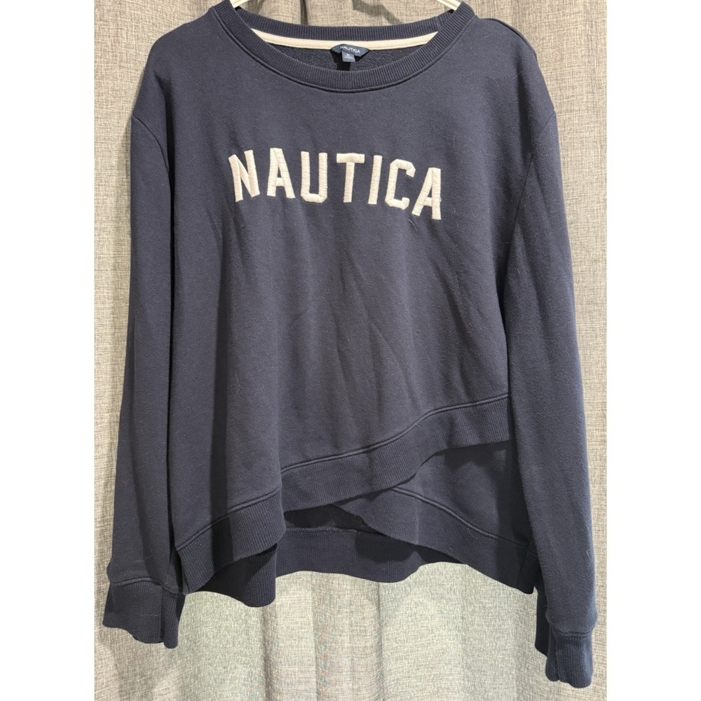 Nautica‎ Sweatshirt Womens X-Large Blue Embroidery Pullover Criss-Cross Bottom
